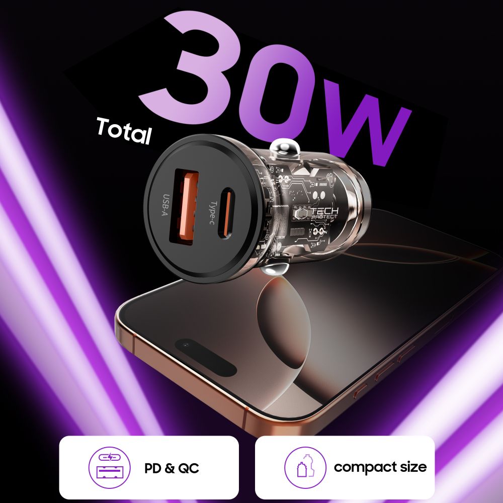 TECH-PROTECT CC01 2-PORT CAR CHARGER PD30W/QC3.0 BLACK TECH-PROTECT CC01 2-PORT CAR CHARGER PD30W/QC3.0 BLACK