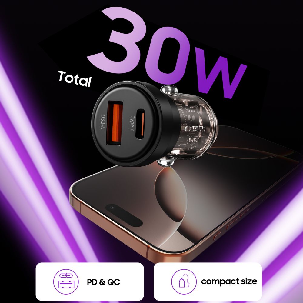 TECH-PROTECT CC03 2-PORT CAR CHARGER PD30W/QC3.0 BLACK TECH-PROTECT CC03 2-PORT CAR CHARGER PD30W/QC3.0 BLACK