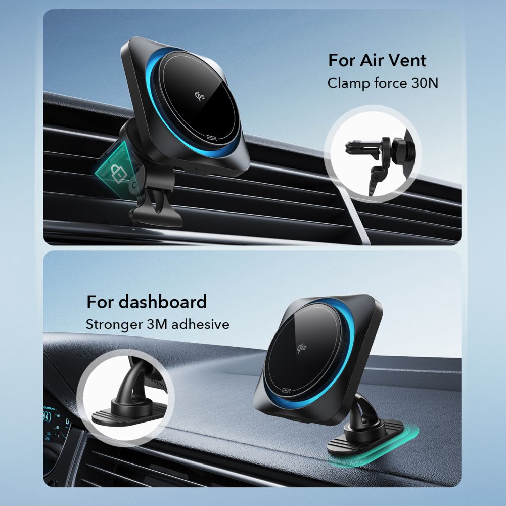 DRŽIAK TELEFÓNU DO AUTA S BEZDRÔTOVÝM NABÍJANÍM ESR HALOLOCK CRYOBOOST MAGNETIC MAGSAFE DASHBOARD & VENT CAR MOUNT WIRELESS CHARGER QI2 15W FROSTED ONYX