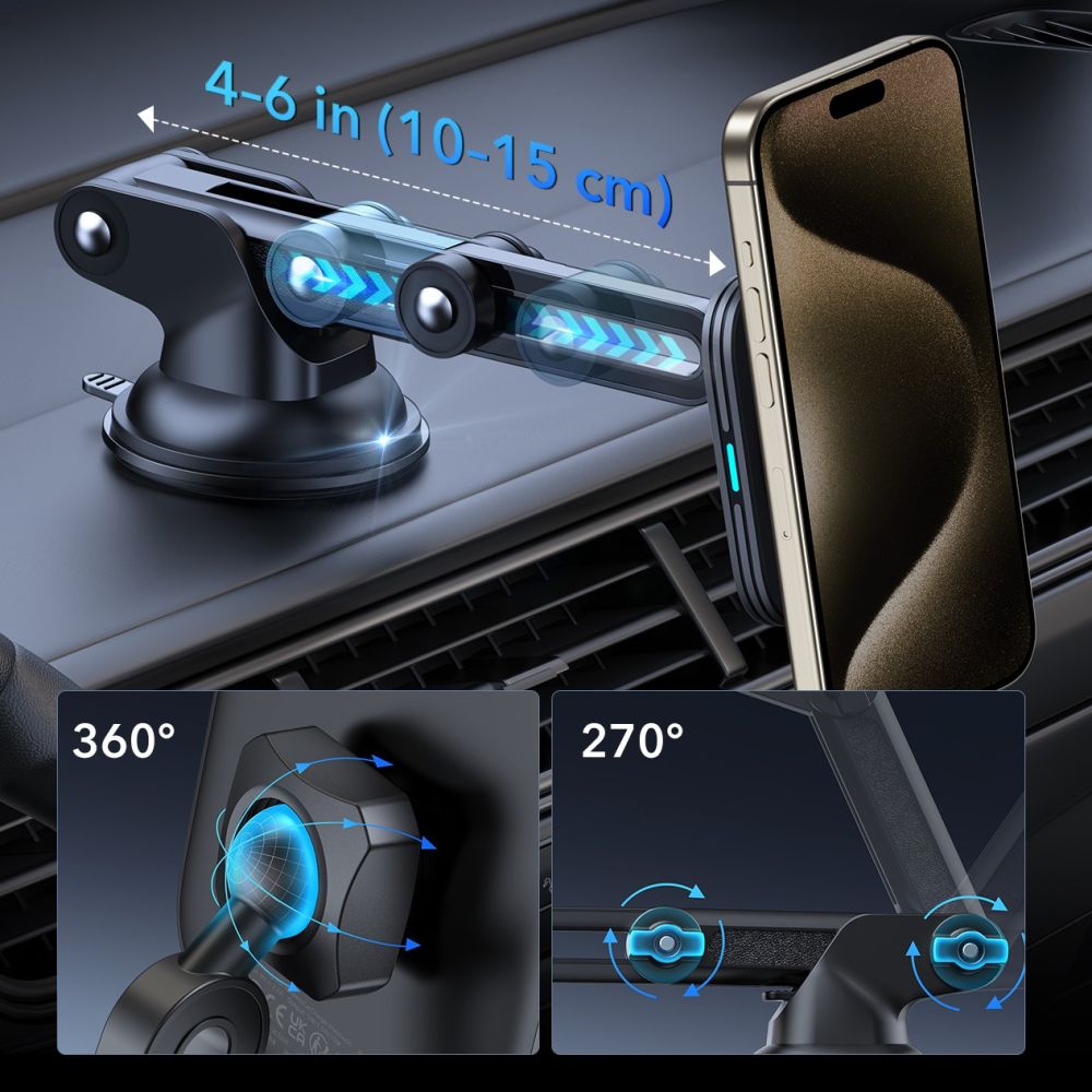DRŽAČ TELEFONA ZA AUTO S BEZICNIM PUNJAČEM ESR HALOLOCK MAGNETIC MAGSAFE DASKA ZA AUTO BEZICNI PUNJAČ QI2 15W CRNA