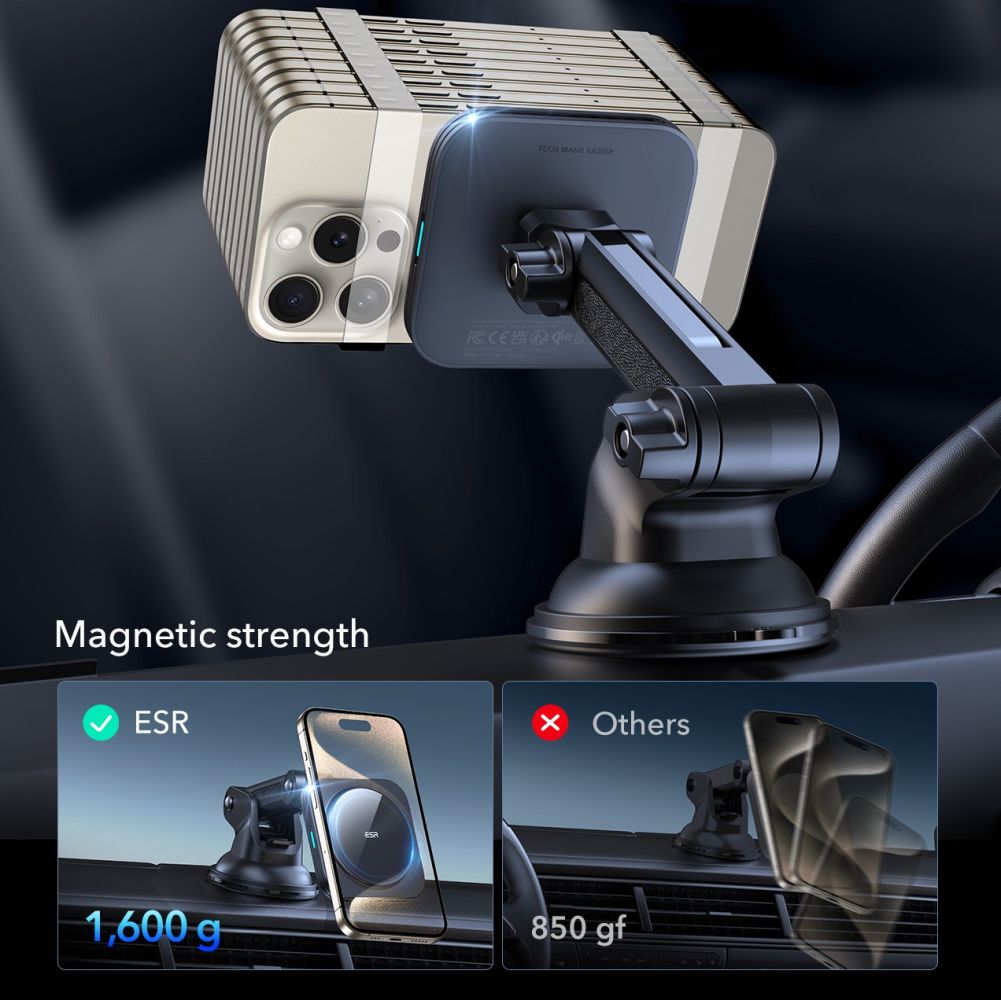 DRŽAČ TELEFONA ZA AUTO S BEZICNIM PUNJAČEM ESR HALOLOCK MAGNETIC MAGSAFE DASKA ZA AUTO BEZICNI PUNJAČ QI2 15W CRNA