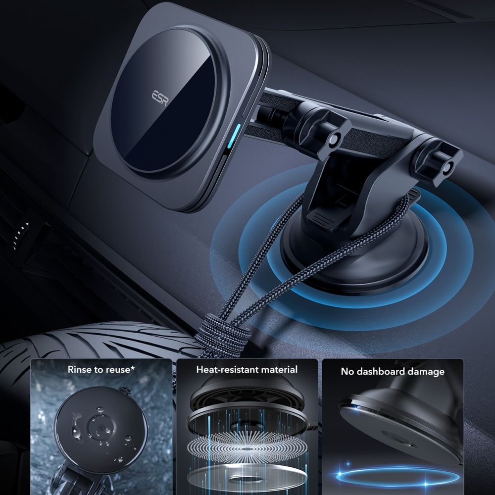DRŽAČ TELEFONA ZA AUTO S BEZICNIM PUNJAČEM ESR HALOLOCK MAGNETIC MAGSAFE DASKA ZA AUTO BEZICNI PUNJAČ QI2 15W CRNA