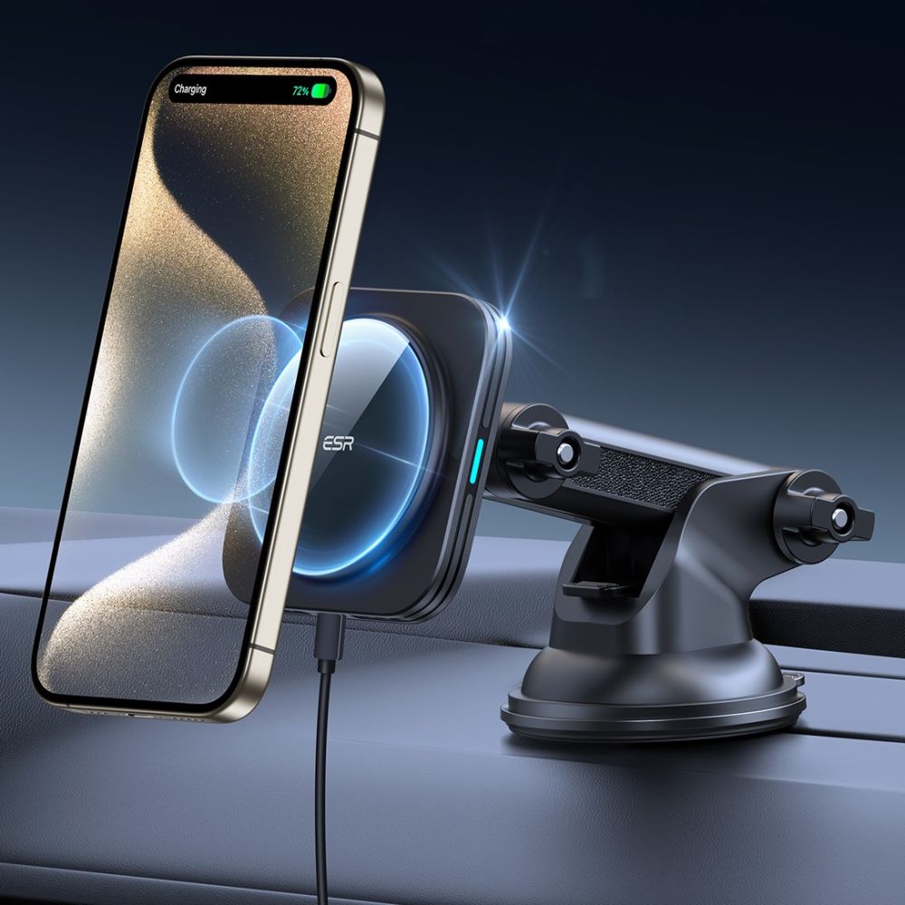 DRŽAČ TELEFONA ZA AUTO S BEZICNIM PUNJAČEM ESR HALOLOCK MAGNETIC MAGSAFE DASKA ZA AUTO BEZICNI PUNJAČ QI2 15W CRNA