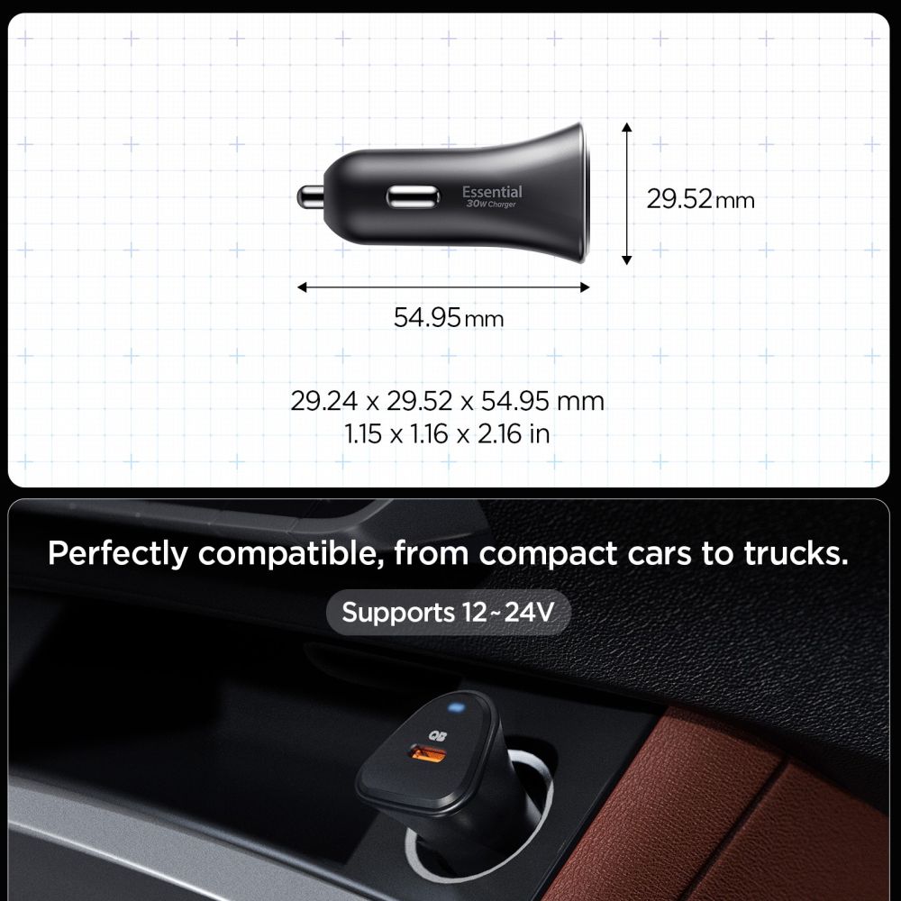 SPIGEN ESSENTIAL EV301 1-PORT CAR CHARGER 30W BLACK