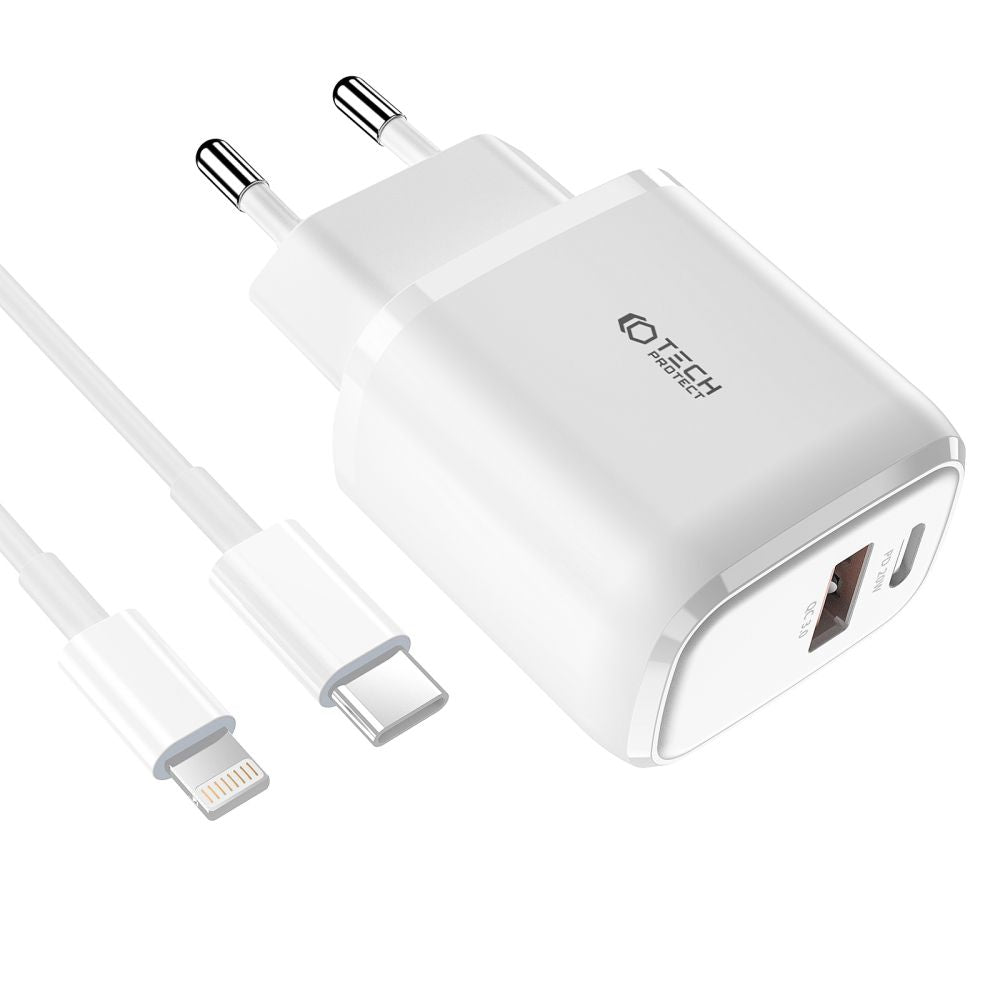 SIEŤOVÁ NABÍJAČKA NA MOBIL A TABLET  TECH-PROTECT C20W 2-PORT NETWORK CHARGER PD20W/QC3.0 + LIGHTNING CABLE WHITE