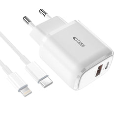 SIEŤOVÁ NABÍJAČKA NA MOBIL A TABLET  TECH-PROTECT C20W 2-PORT NETWORK CHARGER PD20W/QC3.0 + LIGHTNING CABLE WHITE