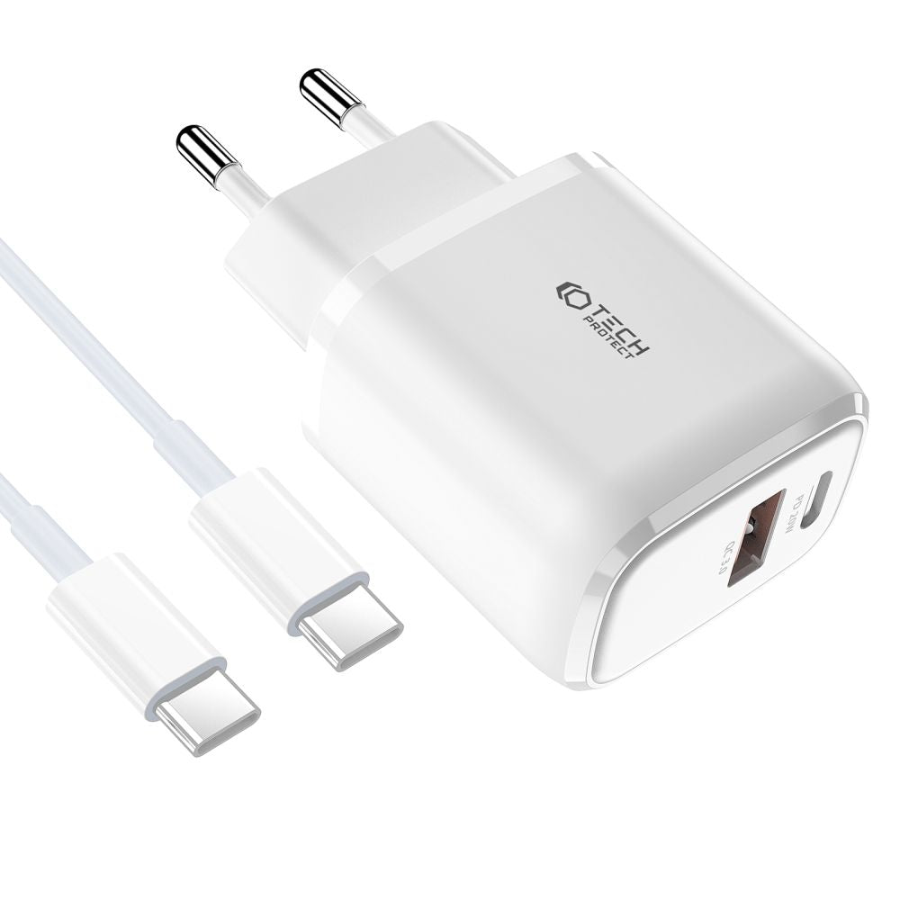 SIEŤOVÁ NABÍJAČKA NA MOBIL A TABLET TECH-PROTECT C20W 2-PORT NETWORK CHARGER PD20W/QC3.0 + TYPE-C CABLE WHITE