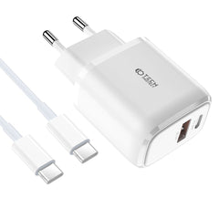 SIEŤOVÁ NABÍJAČKA NA MOBIL A TABLET TECH-PROTECT C20W 2-PORT NETWORK CHARGER PD20W/QC3.0 + TYPE-C CABLE WHITE