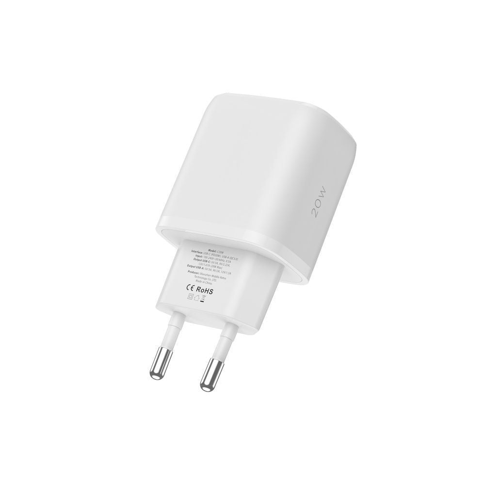 SIEŤOVÁ NABÍJAČKA NA MOBIL A TABLET TECH-PROTECT C20W 2-PORT NETWORK CHARGER PD20W/QC3.0 + TYPE-C CABLE WHITE