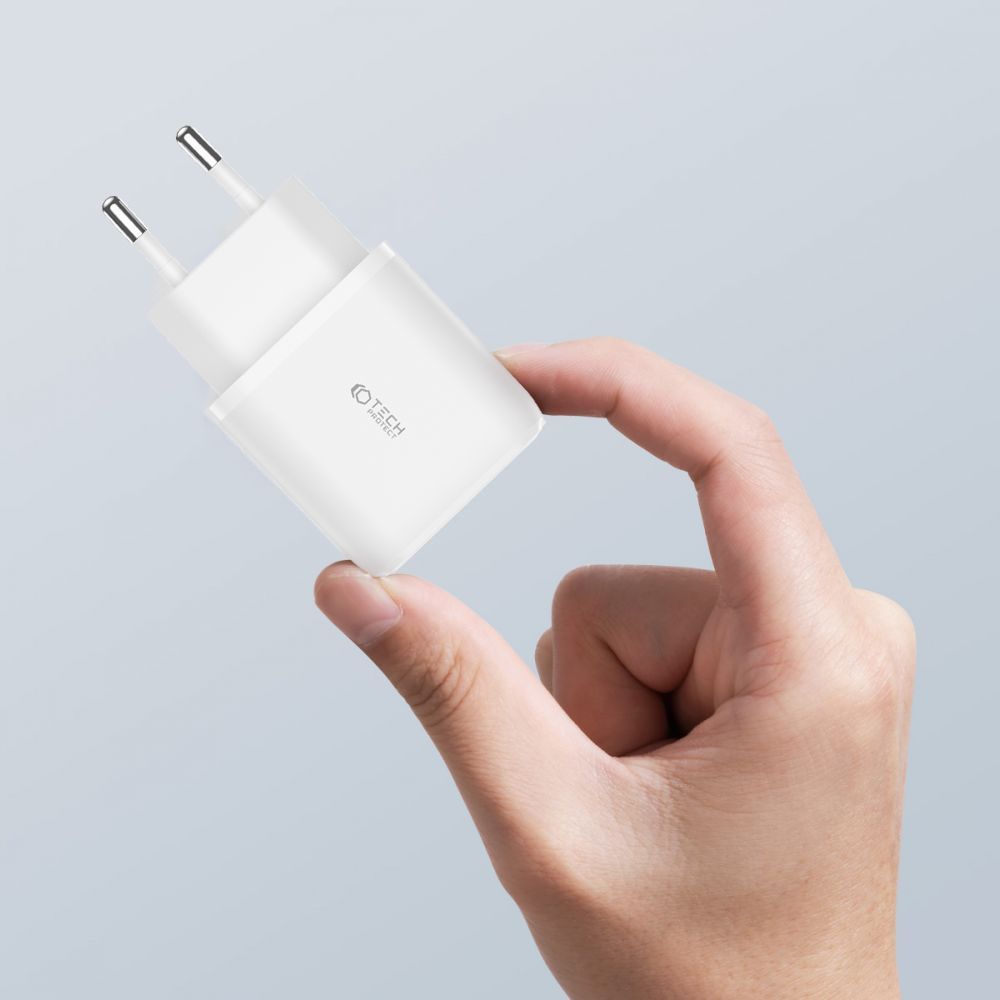 SIEŤOVÁ NABÍJAČKA NA MOBIL A TABLET TECH-PROTECT C20W 2-PORT NETWORK CHARGER PD20W/QC3.0 + TYPE-C CABLE WHITE
