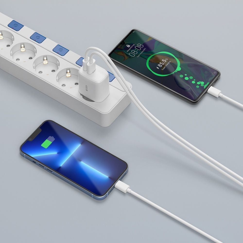 SIEŤOVÁ NABÍJAČKA NA MOBIL A TABLET TECH-PROTECT C20W 2-PORT NETWORK CHARGER PD20W/QC3.0 + TYPE-C CABLE WHITE