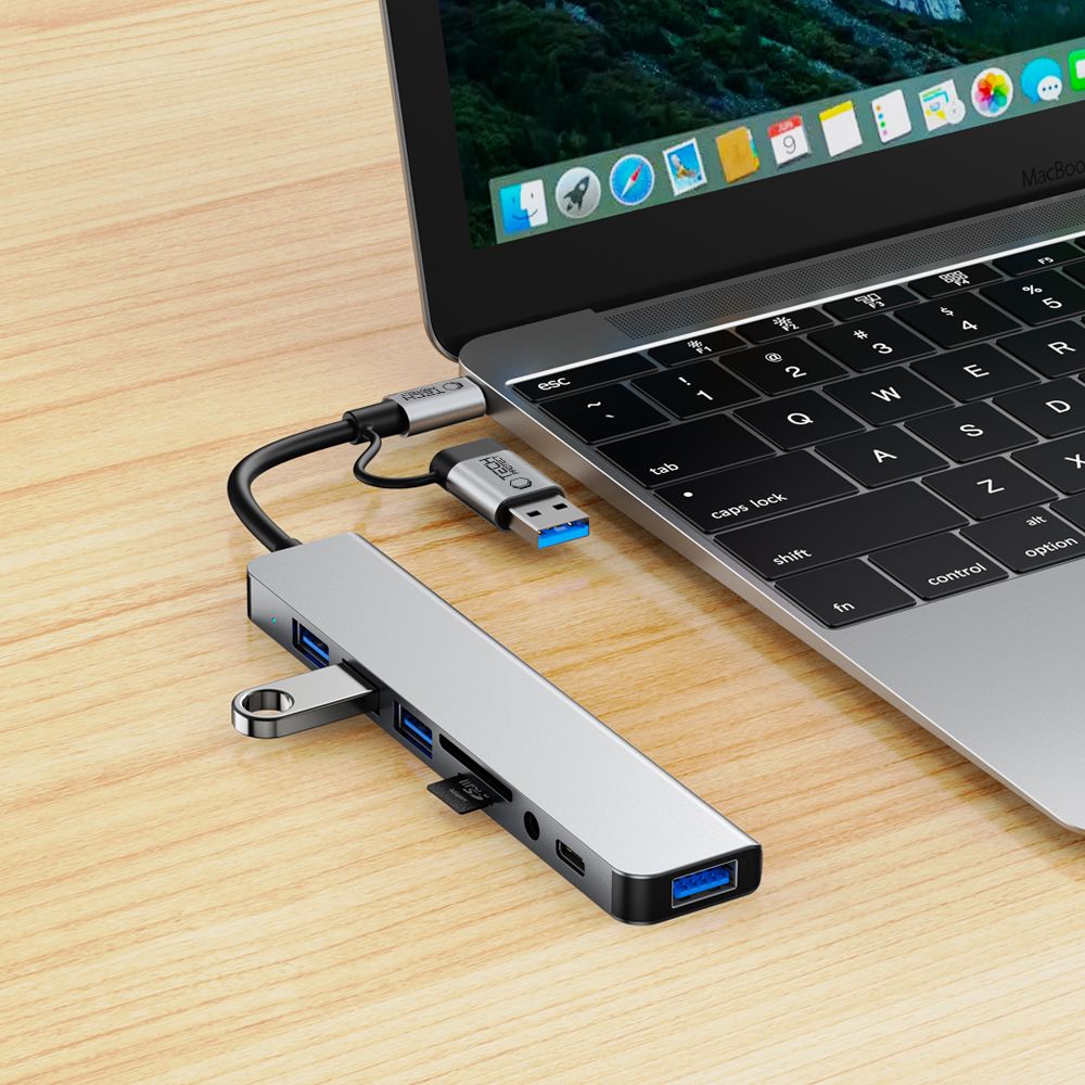 TECH-PROTECT HB06 HUB ADAPTER 9IN1 TYPE-C + USB2.0 + USB3.0 + SD/TF + AV3.5 SPACE GREY