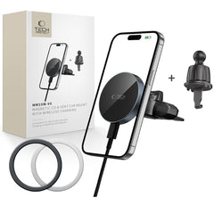 DRŽAČ TELEFONA ZA AUTO S BEZICNIM PUNJENJEM TECH-PROTECT MM15W-V5 MAGNETSKI MAGSAFE CD & VENT KUTIJA BEZICNI PUNJAČ 15W CRNA/CRNA