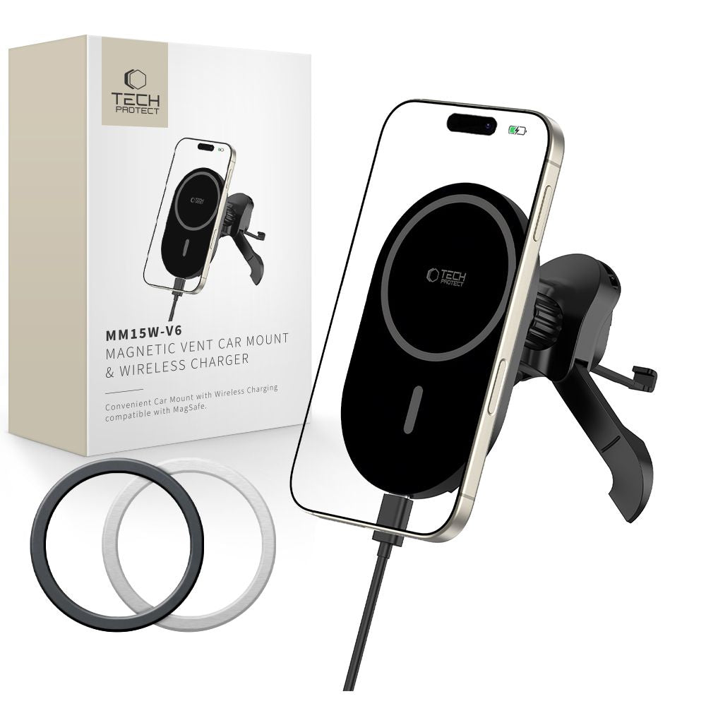 DRŽIAK TELEFÓNU DO AUTA S BEZDRÔTOVÝM NABÍJANÍM TECH-PROTECT MM15W-V6 MAGNETIC MAGSAFE STABLE VENT CAR MOUNT WIRELESS CHARGER 15W BLACK/BLACK