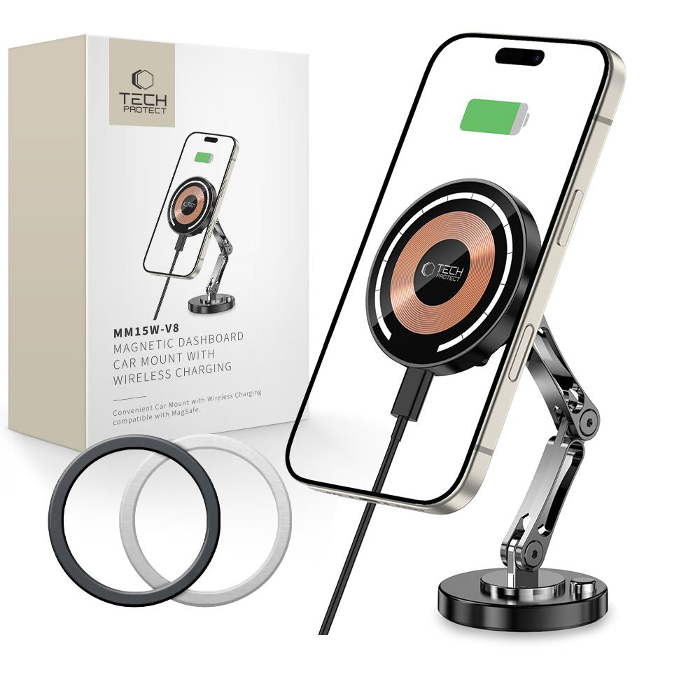 DRŽIAK TELEFÓNU DO AUTA S BEZDRÔTOVÝM NABÍJANÍM TECH-PROTECT MM15W-V8 MAGNETIC MAGSAFE DASHBOARD CAR MOUNT WIRELESS CHARGER 15W BLACK