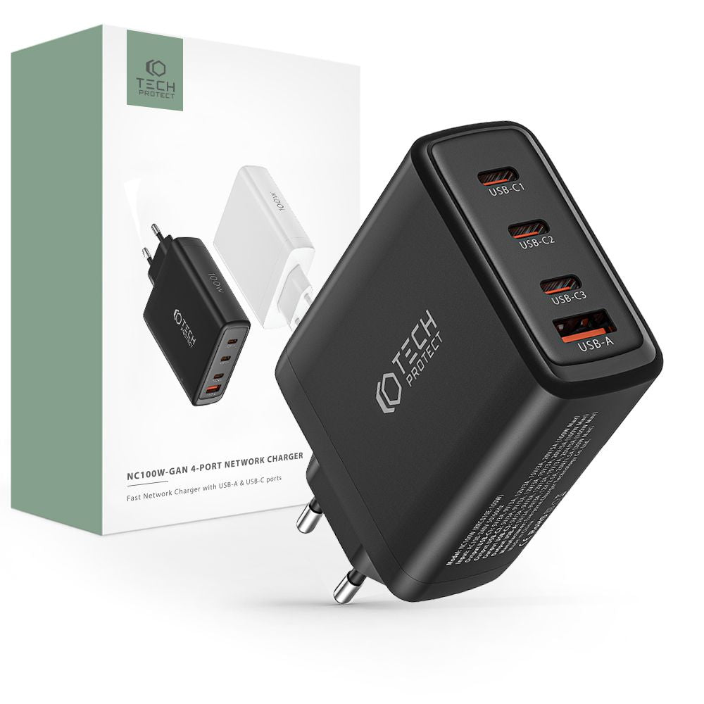 MREŽNI PUNJAČ ZA MOBILNE TELEFONE I TABLETE TECH-PROTECT NC100W-GAN 4-PORT MREŽNI PUNJAČ PD100W/QC3.0 CRNI