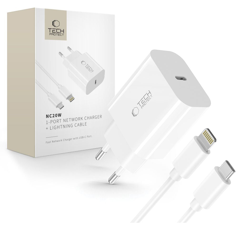 TECH-PROTECT NC20W 1-PORT MREŽNI PUNJAČ PD20W + LIGHTNING KABEL BIJELI