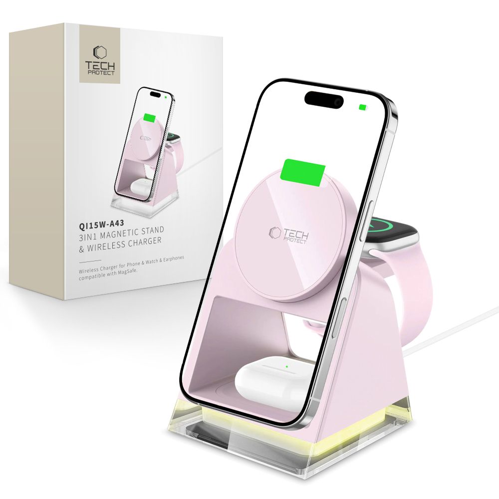 NABÍJACIA STANICA TECH-PROTECT QI15W-A43 3IN1 MAGNETIC MAGSAFE WIRELESS CHARGER BABY PINK